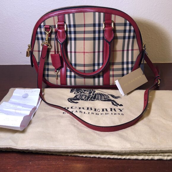 BURBERRY Horseferry Checkered Canvas and Leather Tote Bowling Bag Red/Beige - Picture 5 of 16